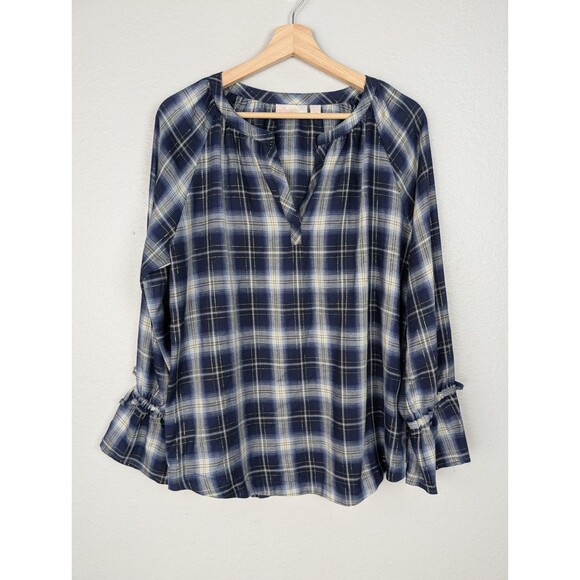 Belle by Kim Gravel Gold Stitch Plaid Tunic Top Small - Picture 1 of 8